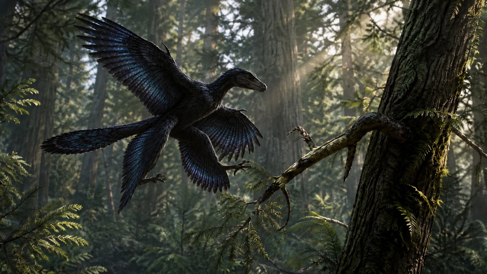 Микрораптор (Microraptor) с чёрным переливчатым оперением