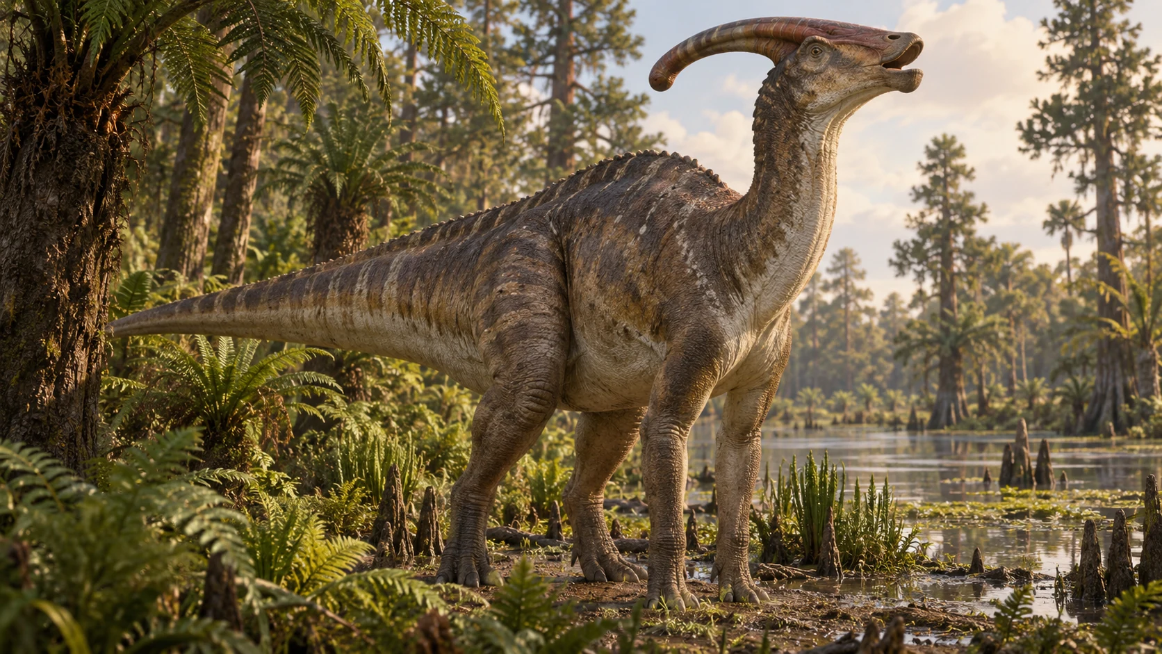 Паразауролоф (Parasaurolophus) с длинным гребнем в болотистом лесу