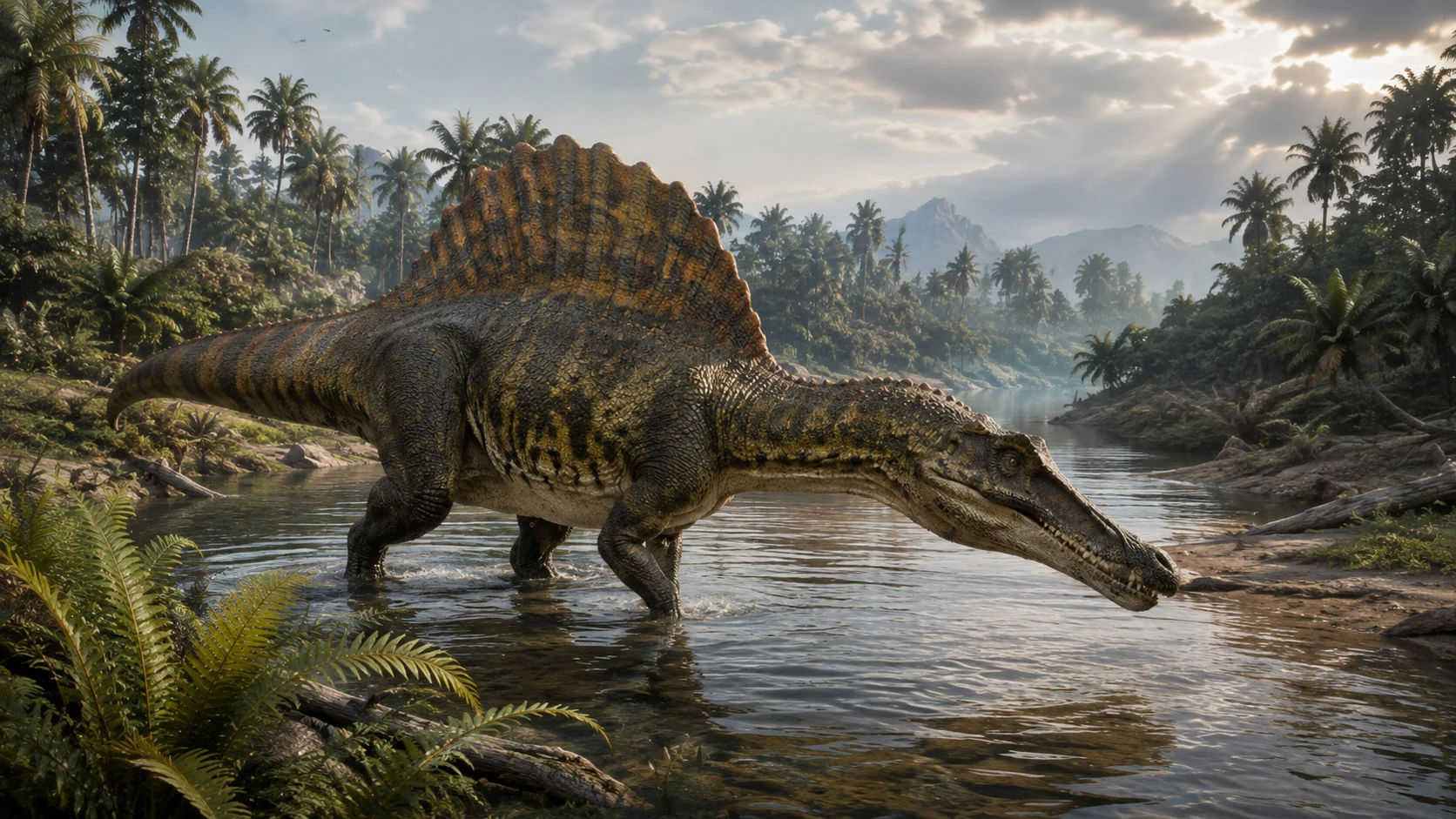 Спинозавр (Spinosaurus) у воды – современная полуводная реконструкция