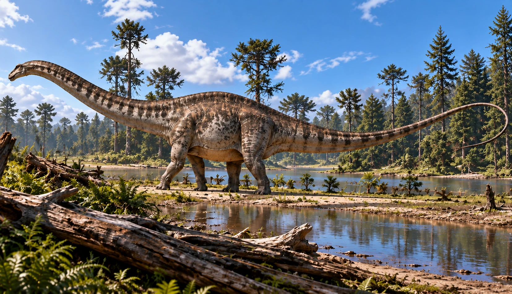 Диплодок (Diplodocus) с длинными шеей и хвостом-кнутом