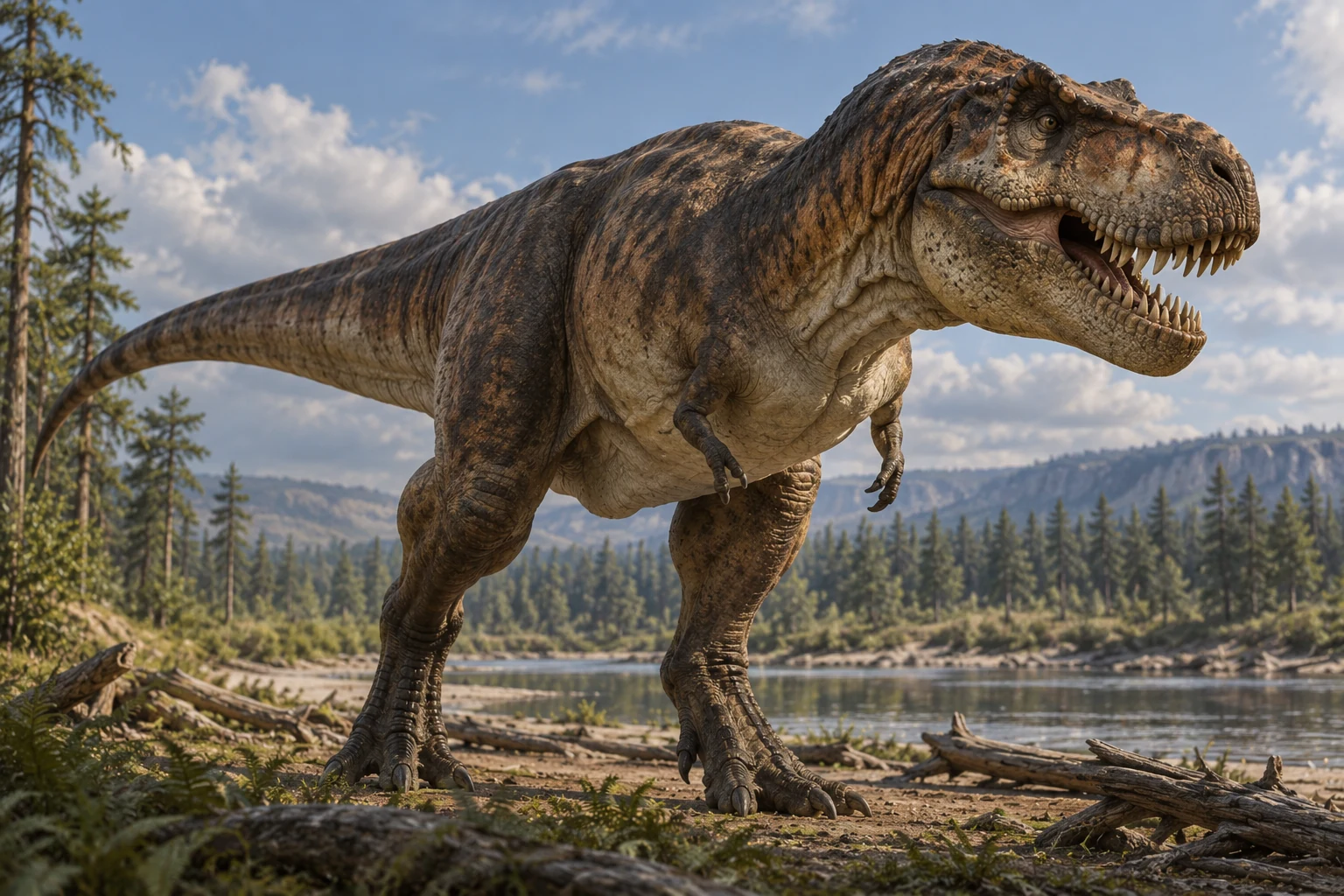 Тираннозавр рекс (Tyrannosaurus rex) на берегу реки